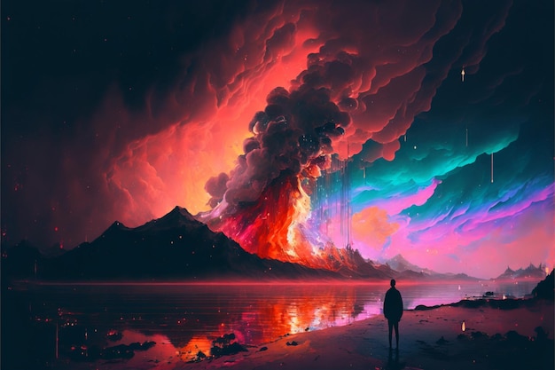 A person standing on beach with volcano in the background generative ai