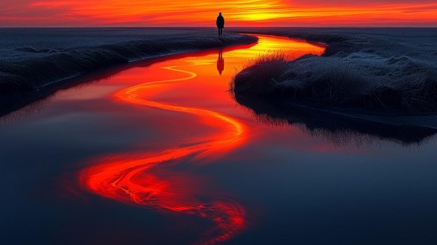 Person standing beside a winding river at sunset