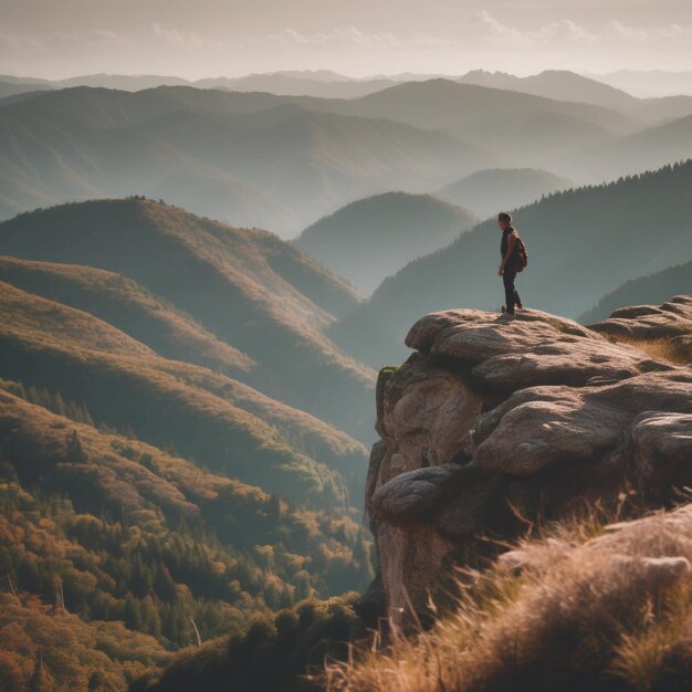 Person standing on brown rock mountain during