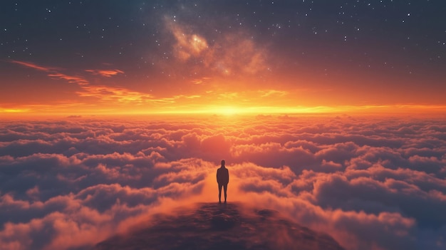 Person standing on clouds at sunset cosmic sky