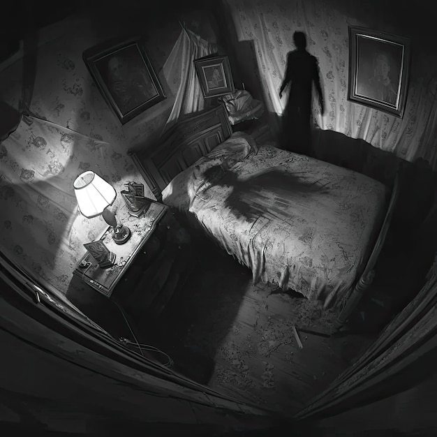 A person standing in a dark room next to a bed