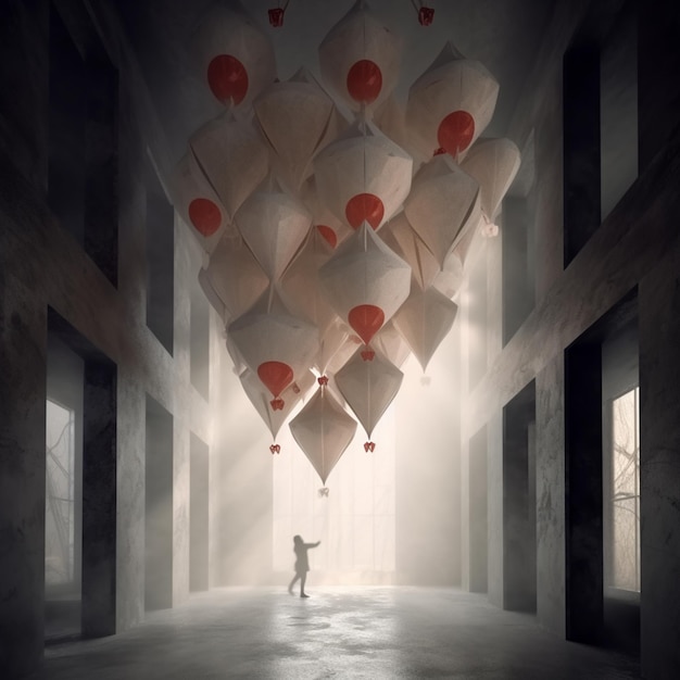 A person standing in a dark room with a bunch of red balloons on the ceiling.