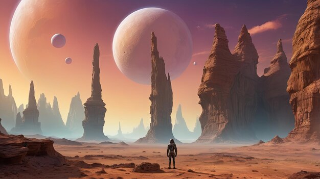 Photo a person standing in a desert with a planet in the background