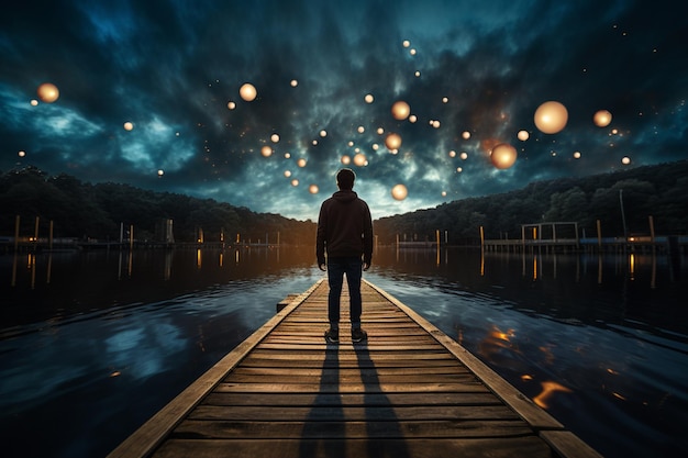 a person standing on a dock at night with lights in the background high quality