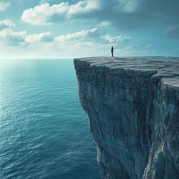 Photo a person standing at the edge of a cliff overlooking the vast ocean