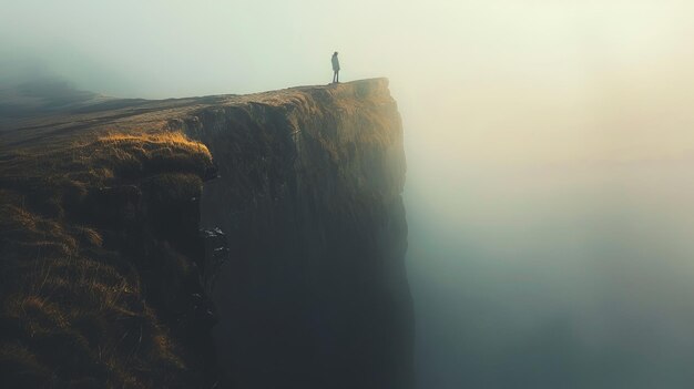 Photo person standing on the edge of a misty cliff overlooking a foggy abyss representing isolation solitude and the expanse of nature and serenity