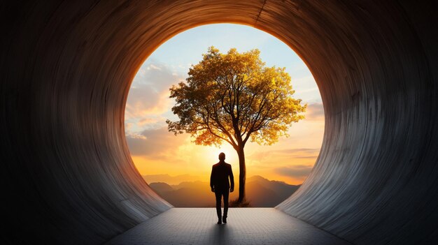 Photo person standing at end of tunnel facing beautiful landscape with single tree illuminated warm sunset