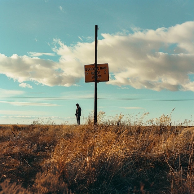 a person standing in a field with a sign that says  no parking  on it