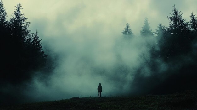 Photo a person standing in the fog with trees in the background