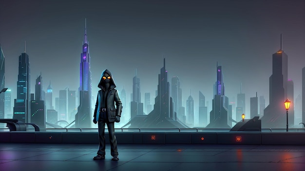 a person standing in front of a city with a city in the background