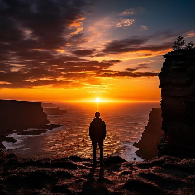 a person standing in front of a cliff with the sun setting behind them