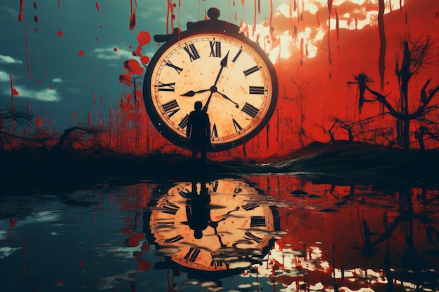 a person standing in front of a clock with blood on it