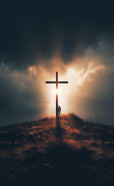 A person standing in front of a cross on top of a hill generative ai image