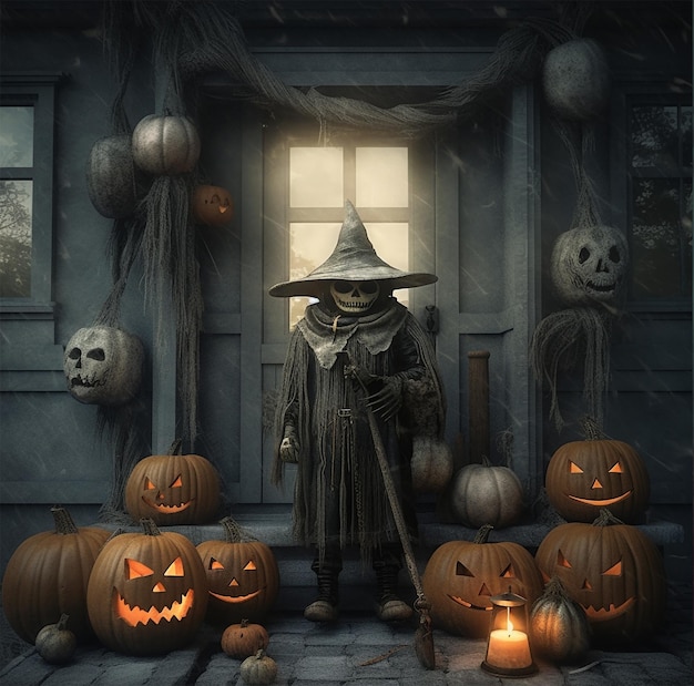 A person standing in front of a door with many pumpkins on it