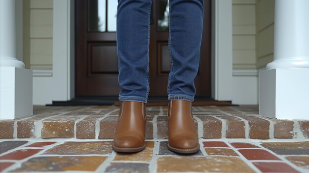 Person standing in front of doorway wearing brown boots and blue jeans