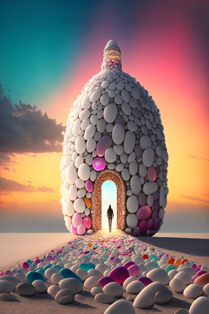 Person standing in front of an egg shaped structure generative ai