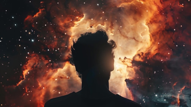 A person standing in front of a galaxy suitable for science and space concepts