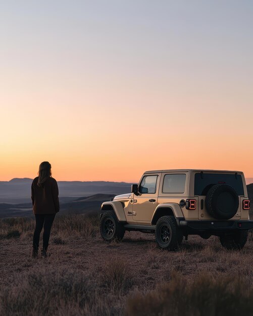 Photo a person standing in front of a jeep with the word  camper  on the back