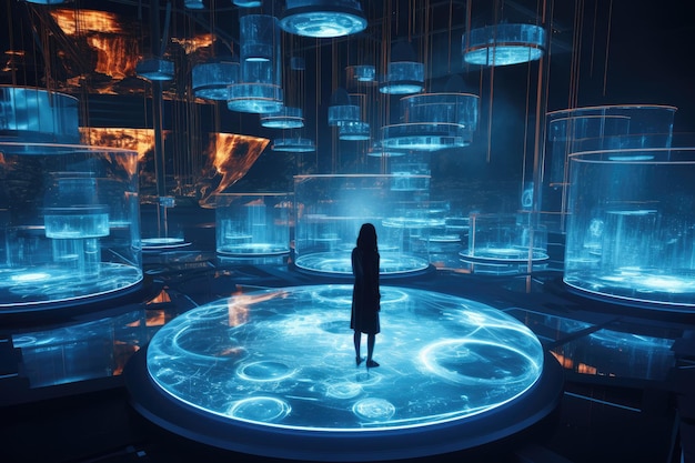 Person Standing in Front of Large Aquarium Sciencefiction cyberspace with interactive holograms and floating platforms AI Generated