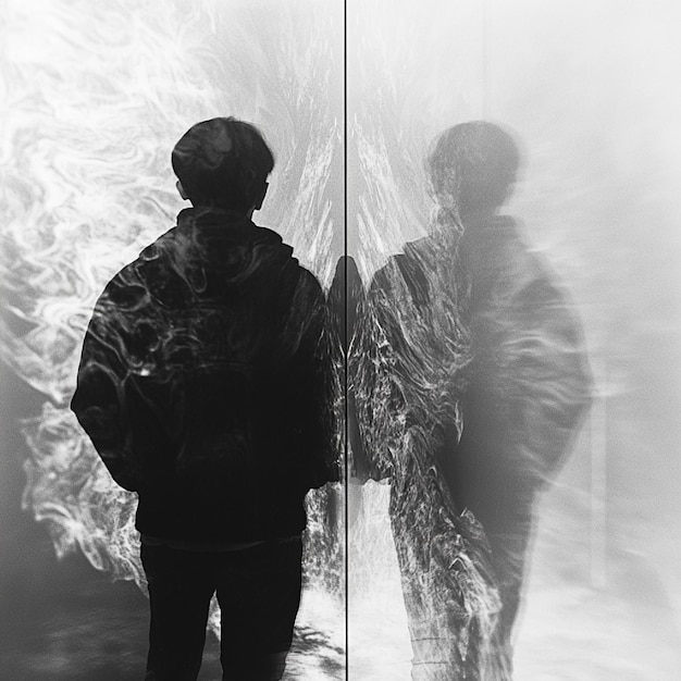 Photo a person standing in front of a mirror their reflection distorted by the glass