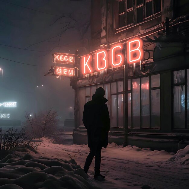 a person standing in front of a neon sign that says KGB