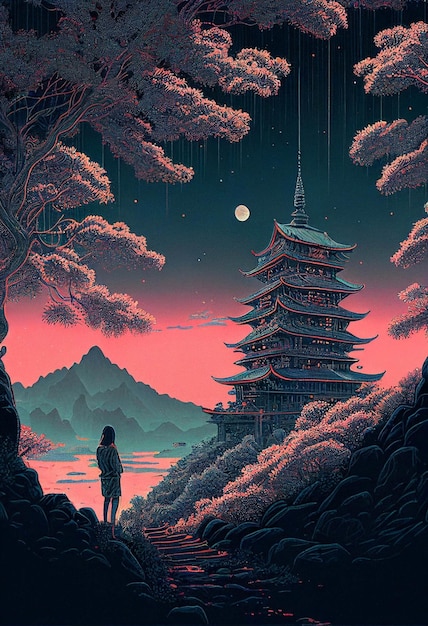 Person standing in front of a pagoda at night generative ai