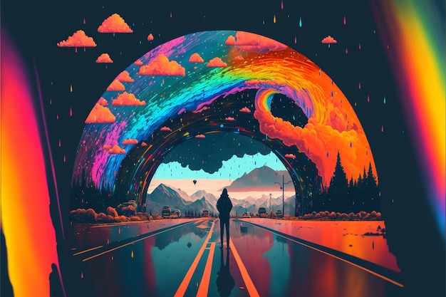 A person standing in front of rainbow colored tunnel generative ai