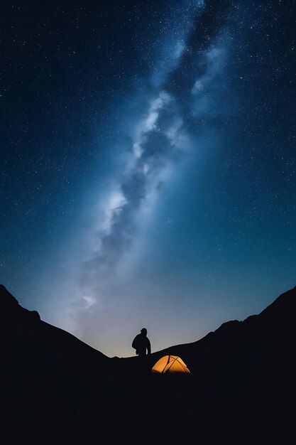 Photo a person standing in front of a tent with a star filled sky behind them