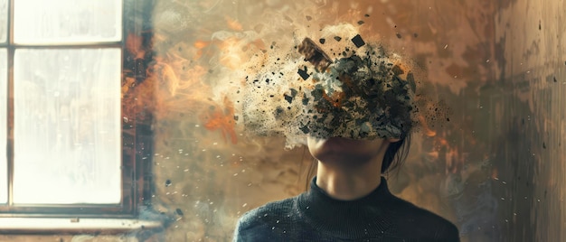 Photo person standing in front of a window with debris exploding from their head