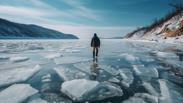 A person standing on a frozen lake with mountains in the background