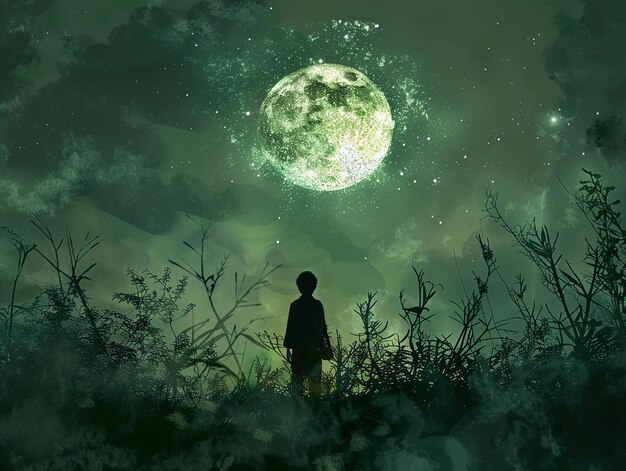 Photo a person standing in the grass with a full moon in the background