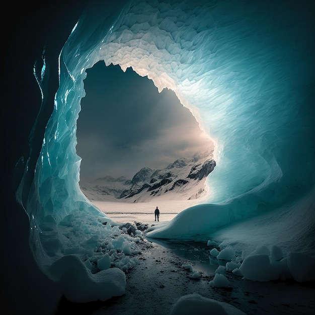 A person standing in an ice cave with a snowy mountain in the background.