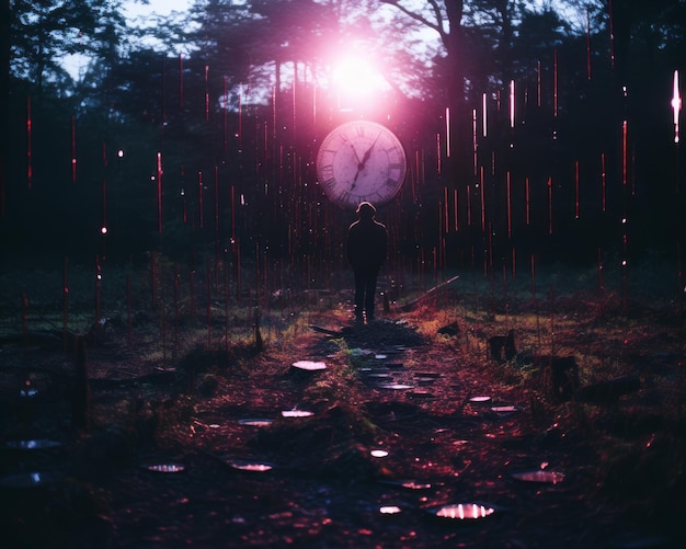 a person standing in the middle of a forest with a large clock in the background