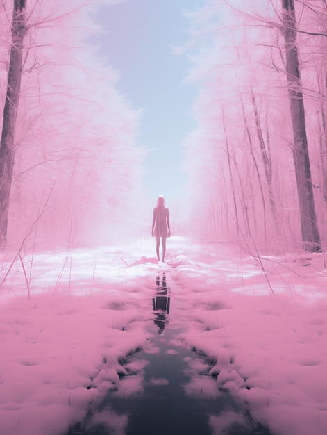 a person standing in the middle of a pink forest