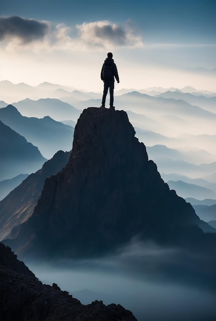 Person Standing on Mountain High Silhouette