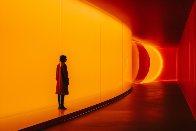 a person standing in an orange light tunnel