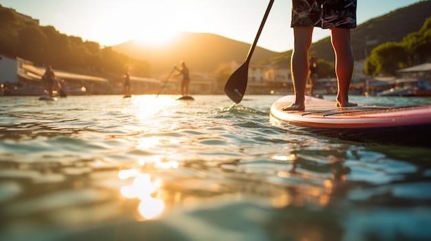 A person standing on a paddle board in the water generative ai image