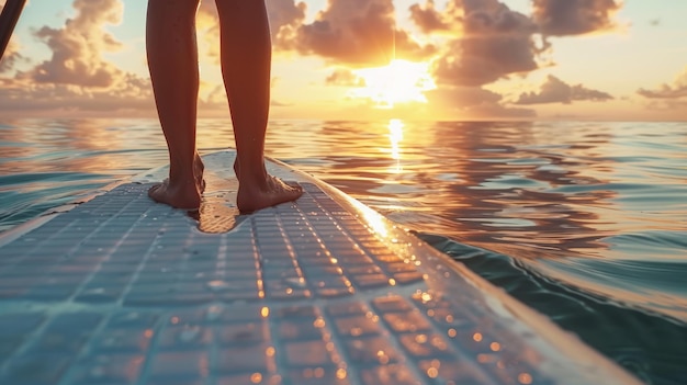 Person standing on a paddleboard in the ocean at sunrise