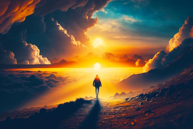 Person standing on path in the middle of field with sunset in the background Generative AI