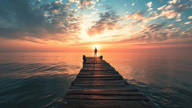 A person standing on a pier gazing at the sunrise as they hold a qigong pose their mind and body