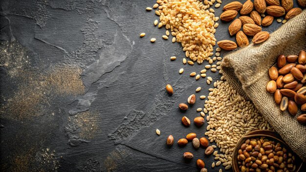 a person standing next to a pile of nuts and grains