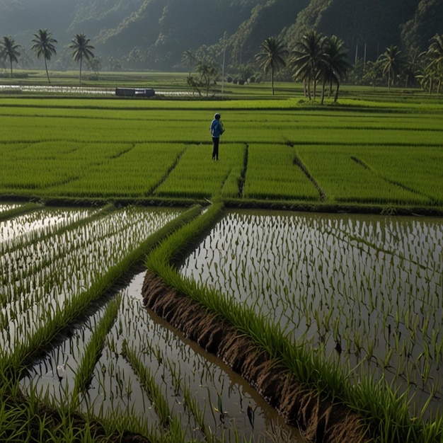 a person standing in a rice field with rice plants in the background