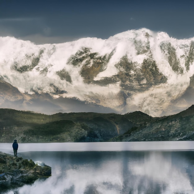 A person standing on a rock in front of a mountain with snow on the top.