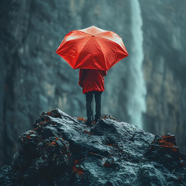 A person standing on a rock with an umbrella