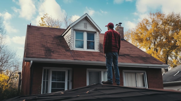 A person standing on a roof during a sunny autumn day in a suburban neighborhood examining the surroundings from a high vantage point