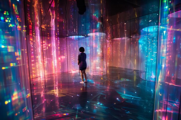 A person standing in a room with holographic projections shimmering around the perimeter Holographic projections shimmering around the perimeter