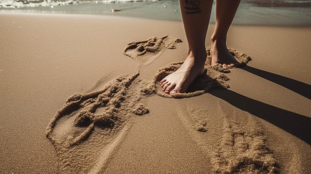 A person standing in the sand with the word sea on it