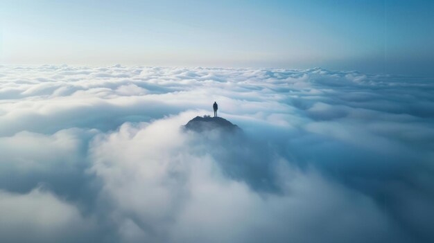 Photo a person standing on a small island in the middle of a sea of clouds