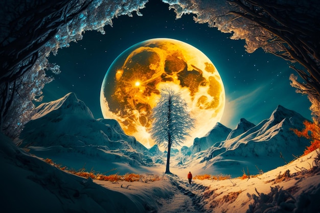 Person standing on snow covered path under full moon sky with tree in the foreground Generative AI