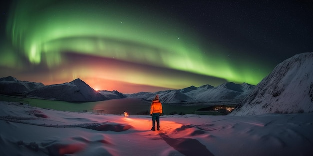 Person standing in a snowy landscape with the northern lights in the sky and a lake in front of him